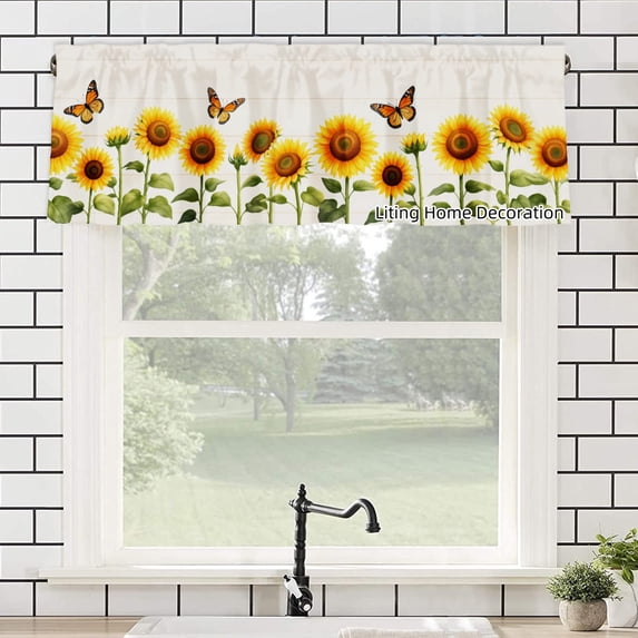 Sunflower And Butterfly Rod Pocket Polyester kitchen Curtain Valances for Windows For Indoor Living Room Bedroom Kitchen Decoration 54x18 inch