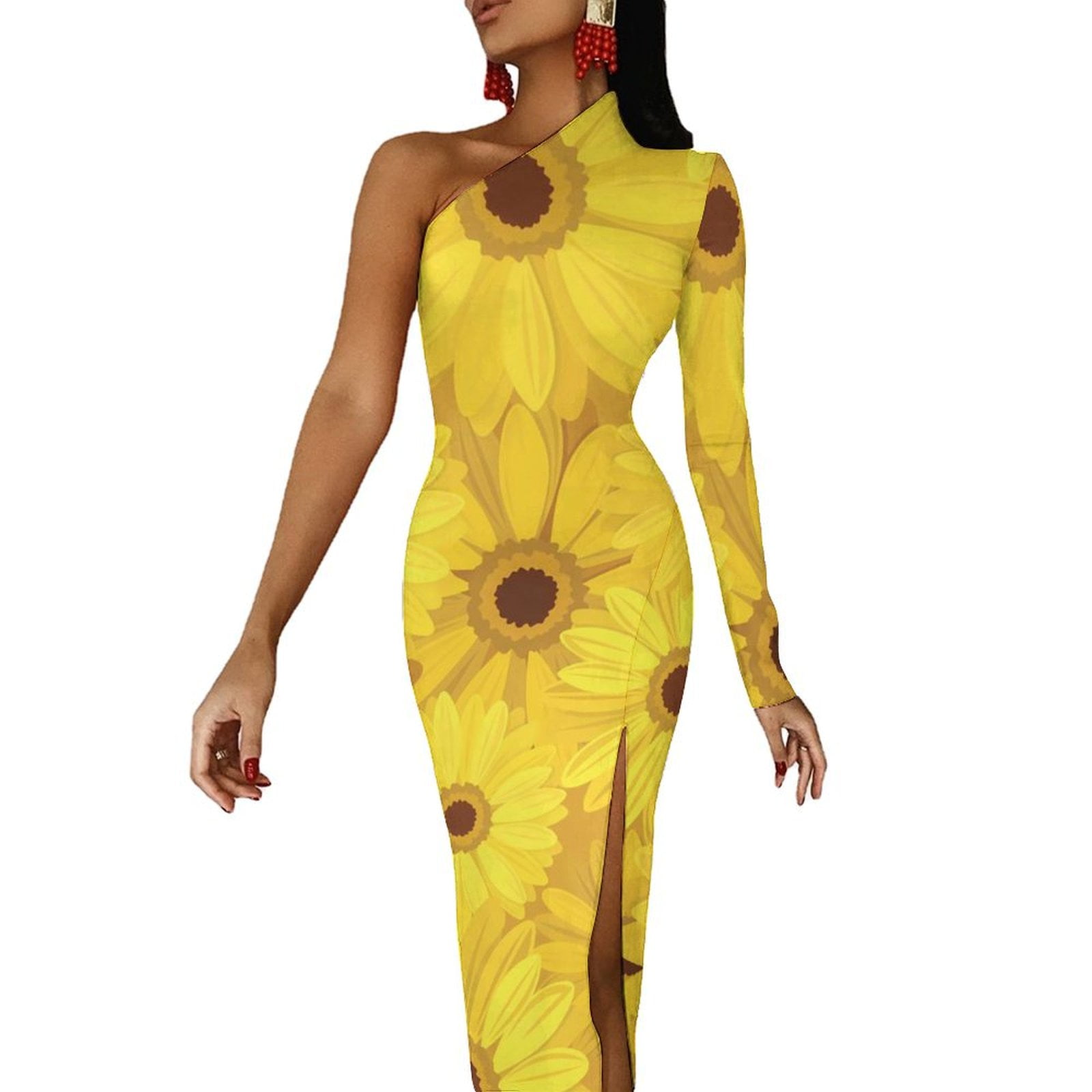 Sunflower And Leaf Maxi Dress One Shoulder Floral Design Night Club ...