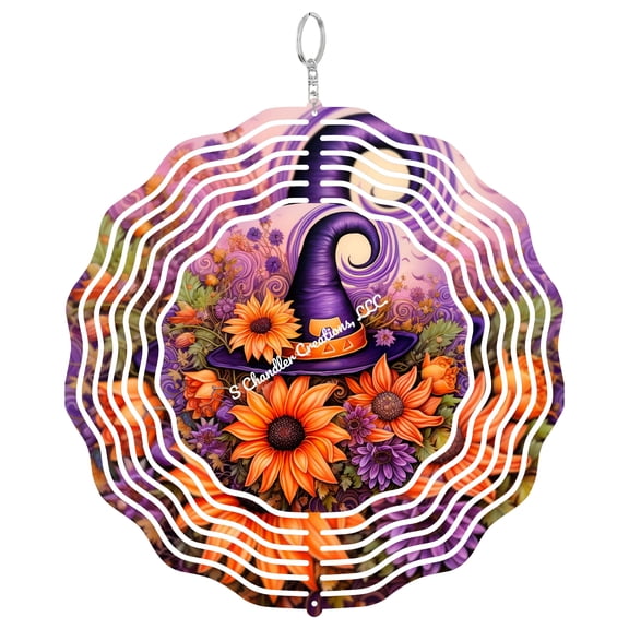Sunflower And Purple Witch Hat 3D Wind Spinner, Halloween Kinetic Art, Spooky Fall Garden Hanging Decor