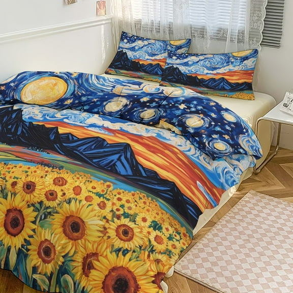 Sunflower And Starry Duvet Cover King&Queen Size Soft 3 Pieces Set 1 Duvet Cover and 2 Pillow Shams with Zipper Closure 86"x70"