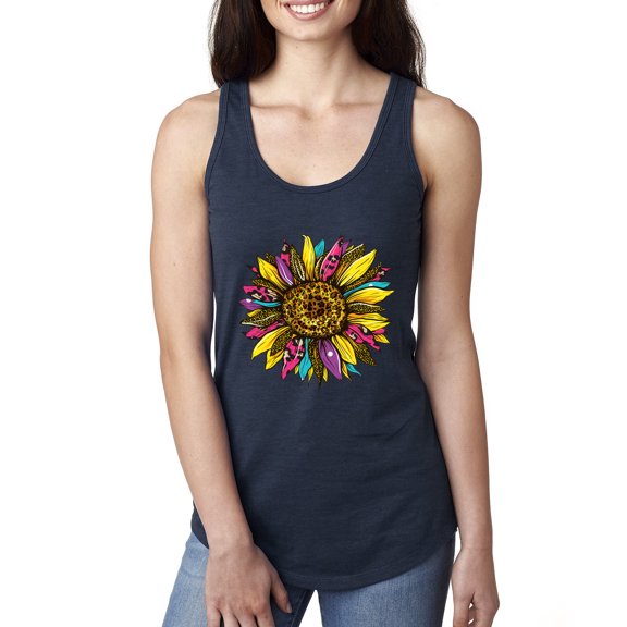 Sunflower Animal Print Fashion Ladies Racerback Tank Top, Navy, Medium