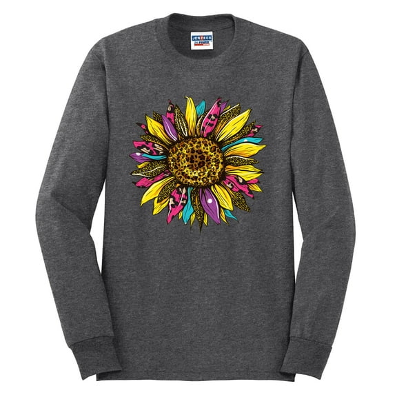 Sunflower Animal Print Fashion Mens Long Sleeve Shirt, Heather Black, Medium