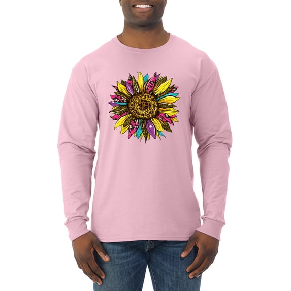 Sunflower Animal Print Fashion Mens Long Sleeve Shirt, Light Pink, X-Large