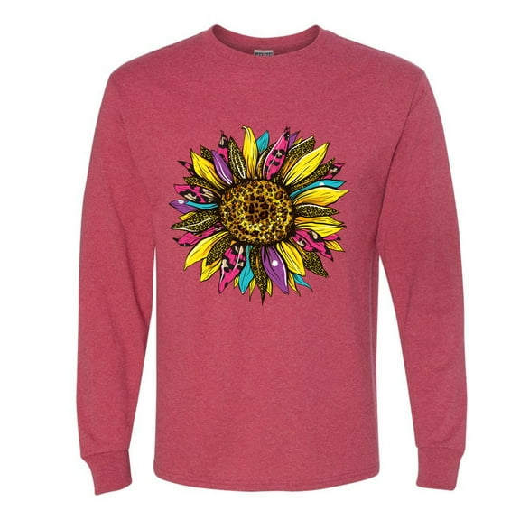 Sunflower Animal Print Fashion Mens Long Sleeve Shirt, Vintage Heather Red, Small