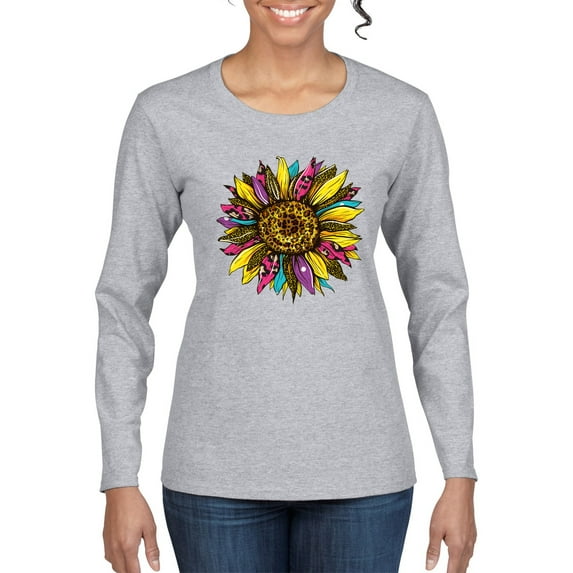 Sunflower Animal Print Fashion Womens Graphic Long Sleeve T-Shirt, Heather Grey, XX-Large
