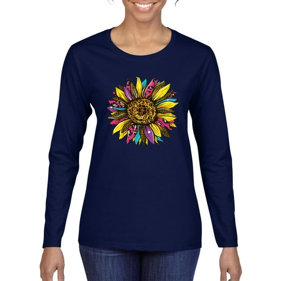 Sunflower Animal Print Fashion Womens Graphic Long Sleeve T-Shirt, Navy, Small