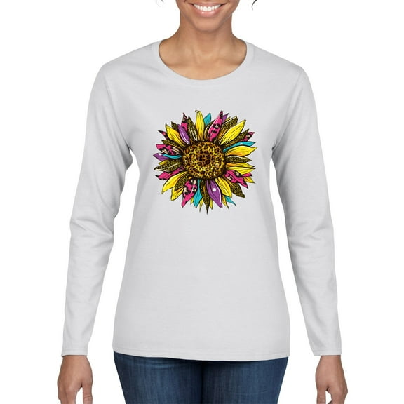 Sunflower Animal Print Fashion Womens Graphic Long Sleeve T-Shirt, White, Large