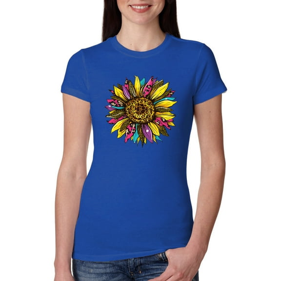 Sunflower Animal Print Fashion Womens Slim Fit Junior Tee, Royal, X-Large