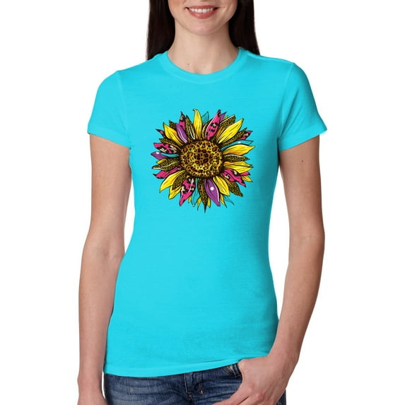 Sunflower Animal Print Fashion Womens Slim Fit Junior Tee, Tahiti Blue, X-Large