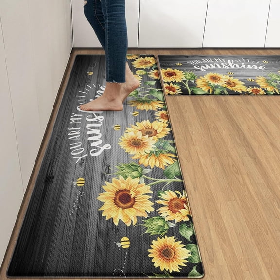 Sunflower Anti-Fatigue Kitchen Rug Set of 2 Yellow Black Grey Wooden Cushioned Floor Standing Mat Waterproof Non-Slip Mat