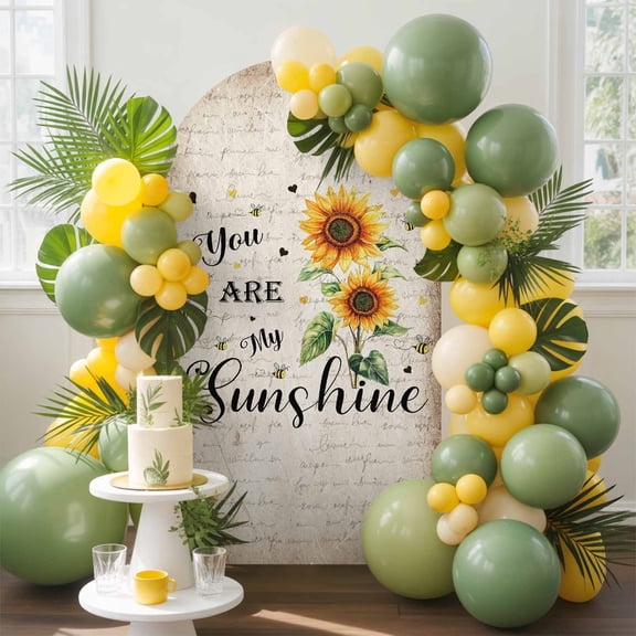Sunflower Arch Backdrop Cover, 4FT, Bee Sunshine Farmhouse Vintage Old Newspaper Spandex Arch Covers Double-Sided Backdrop for Wedding Birthday Party Photo Background Decoration