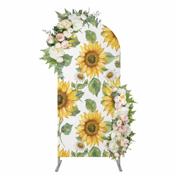Sunflower Arch Backdrop Cover, Spandex Fitted Wedding Arch Cover, Farmhouse Watercolor Botanical Summer Round Top Stand Covers for Birthday Ceremony Bridal Shower Party Decor 4x1.65 Ft