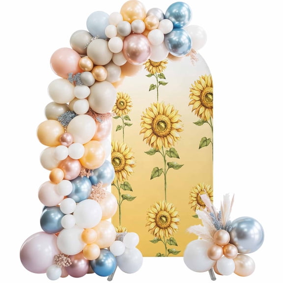 Sunflower Arch Backdrop Cover, Spandex Fitted Wedding Arch Cover, Watercolor Yellow Flower Gradient Plant Round Top Stand Covers for Birthday Ceremony Bridal Shower Party Decor 5x2.1 Ft