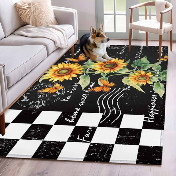 Sunflower Area Rug 3x5 Washable Rug Non Slip Summer Botanical Bee Black Plaid Large Area Rug Indoor Floor Carpet for Entryway Bedroom Kitchen Living Room Home Office Dining Room Nursery