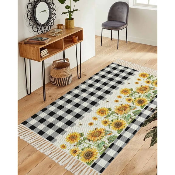 Sunflower Area Rug 3x5ft Woven Runner Rug,Black White Buffalo Plaid Check Country Bee Washable Living Room Hallway Bedroom Kitchen Carpet with Tassels,Indoor Outdoor Throw Door Mat for Entryway