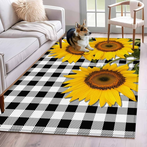 Sunflower Area Rug 4x6 FT, Non Slip Kids Room Carpet, Yellow Spring Flora Summer Botanical Plaid Washable Soft Floor Carpet Non-Shedding Throw Rug for Dorm Kitchen Study Room Home Office Bedside