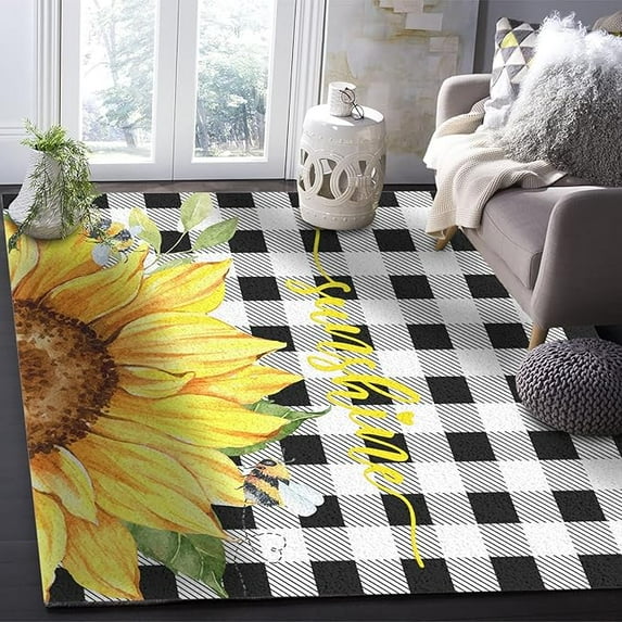 Sunflower Area Rug, Black Plaid Spring Floral Botanical Soft Rug With Anti-Slip Backing Durable Carpet For Living Room Bedroom Dining Room 4 x 6ft