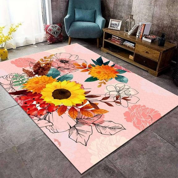 Sunflower Area Rug,Yellow Floral And Botanical Print Non-Slip Carpet,Runner Rugs Bohemian Living Room Doormat Suitable For Kitchen Bedroom Farmhouse Decor-4x8ft