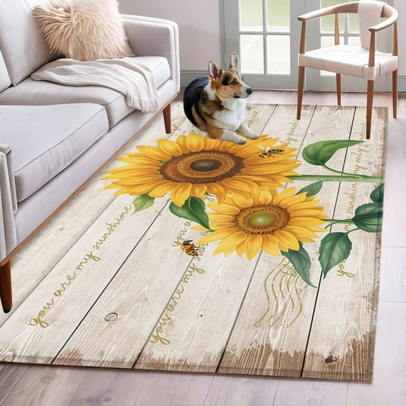 Sunflower Area Rugs 3'x5', Washable Small Throw Rugs for Living Room Bedroom, Yellow Summer Flowers Bee Botanical Wooden Indoor Outdoor Rug Non-Slip Low Pile Carpet Runner Reversible Floor Mats