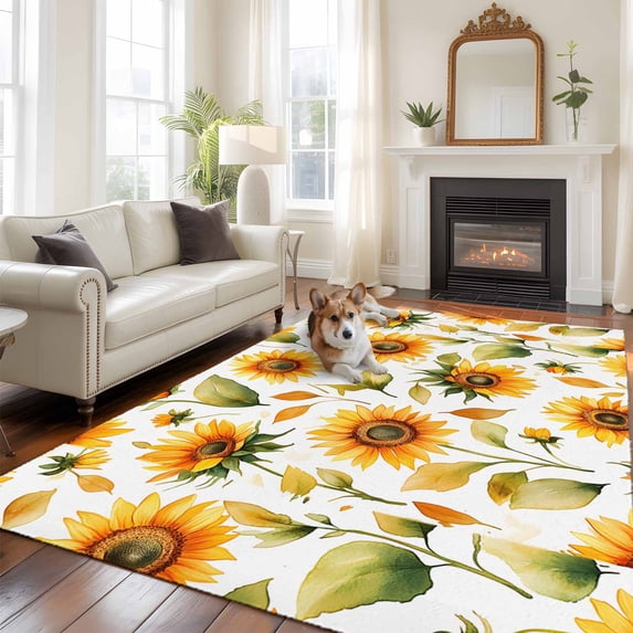 Sunflower Area Rugs 5x7 ft Watercolor Spring Flower Farm Washable Rug Non Slip Indoor Carpet Absorbent Floor Mat for Living Room Bedroom Dining Room