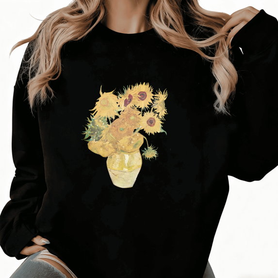 Sunflower Art Graphic Tee T-Shirt Print Top Comfortable and well-fitting Round-neck long-sleeved Black S-3XL