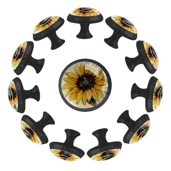 Sunflower Art Pattern 35MM Round Glass Cabinet Knobs, Kitchen Knobs for Drawer Dresser Cupboard Wardrobe Modern Pulls Handles Hardware, Set of 12
