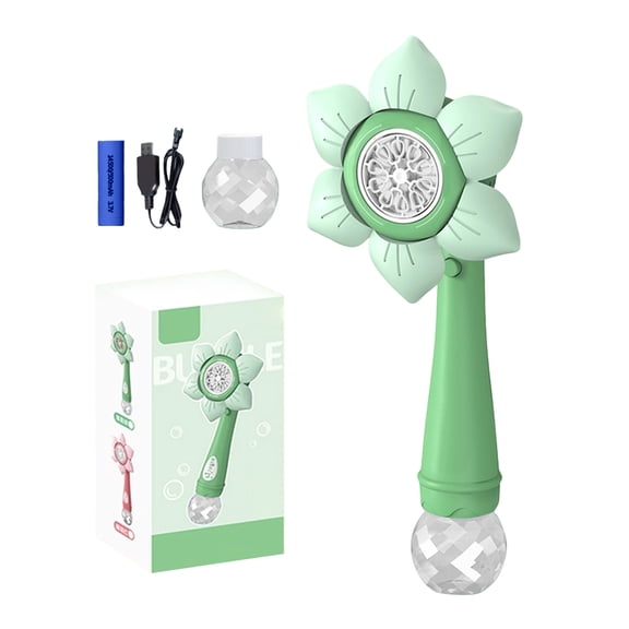 Sunflower Automatic Bubble Machine Electric Flower Blower with 80ml Solution and LED Lights 13Inch Green