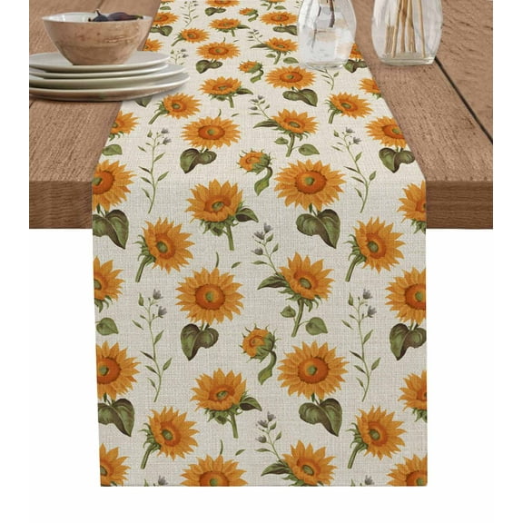 Sunflower Autumn Burlap Cotton Table Runner 13x36 Inches Short, Fall Farmhouse Botanical Floral Farmhouse Table Runners, Outdoor Dining Tablecloths Decor for Baby Shower/Party/Wedding
