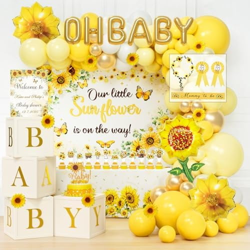 Sunflower Baby Shower Decorations, 159 PCs Yellow Flower Baby Shower Party Supplies with Backdrop, Balloon Garland, Artificial Sunflowers, Boxes, Mom to Be Sash, Headband