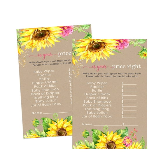 Sunflower Baby Shower Price Guessing Games (25 Pack) Girls Baby Shower Game Cards - Rustic Floral Themed Supplies Yellow and Pink  4x6 Size Set - Paper Clever Party