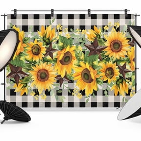 Sunflower Backdrop for Photography,Fabric Photo Background Backdrop,Rustic Brown Country Star Black Checkered Photo Booth Background for Portrait Photoshoot Video Wedding Decoration Banner 8x6ft