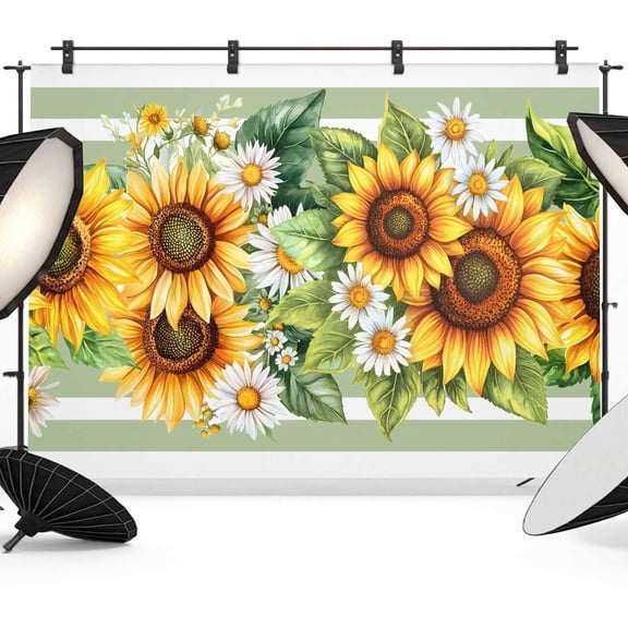 Sunflower Backdrop for Photoshoot,Photography Photo Studio Background Wall Backdrop,Yellow Summer Flower Sage Green Stripe Back Drop Banner Panel for Portraits Wedding Live Streaming Decor 8x6Ft