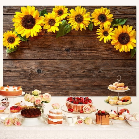 Sunflower Backdrops for Photography Rustic Brown Wood Child Baby Shower Birthday Party Background Banner for Picture Photo Studio Photo Booth Decoration , 7X5