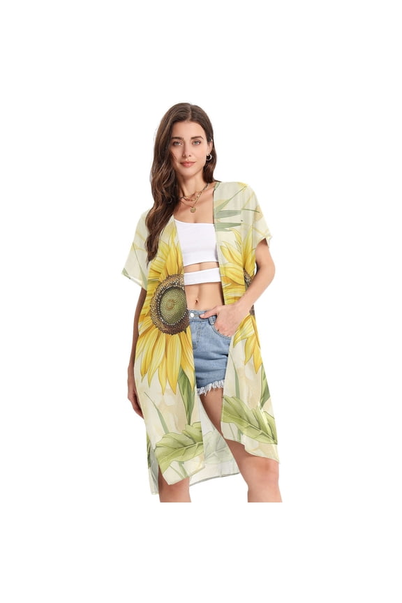 Sunflower Bamboo Women Swimsuit Cover up V Neck Beach Dress Short Sleeve Vacation Outfits Swimwear