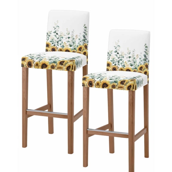 Sunflower Bar Stool Covers Set of 2, Yellow Floral Pastoral Botanical Leaves Stretch Washable Bar Chair Covers with Backs, Removable Pub Counter Height Chair Cover for Kitchen Dining Room Cafe