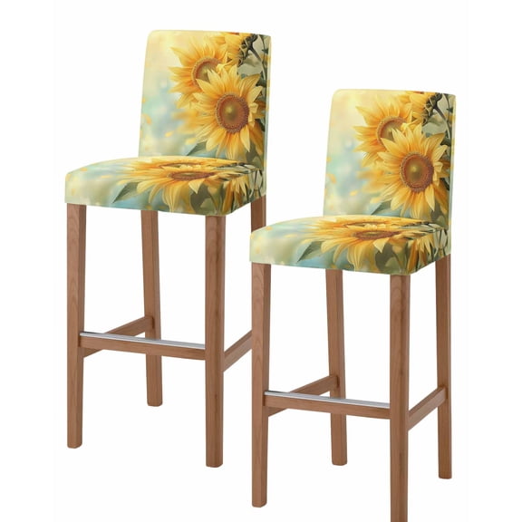 Sunflower Bar Stool Covers Set of 2, Yellow Spring Floral Botanical Stretch Washable Bar Chair Covers with Backs, Removable Pub Counter Height Chair Cover for Kitchen Dining Room Cafe