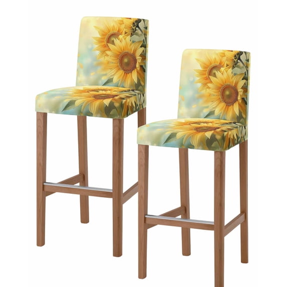 Sunflower Bar Stool Covers Set of 2, Yellow Spring Floral Botanical Stretch Washable Bar Chair Covers with Backs, Removable Pub Counter Height Chair Cover for Kitchen Dining Room Cafe