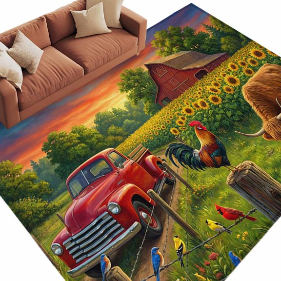 Sunflower Barn Area Rug 5x8 Washable Rug Non Slip Farmhouse Cow Rooster Pastoral Sunset Large Area Rug Soft Stainresistant Indoor Floor Carpet for Living Room Bedroom Home Office Dining Room Nursery