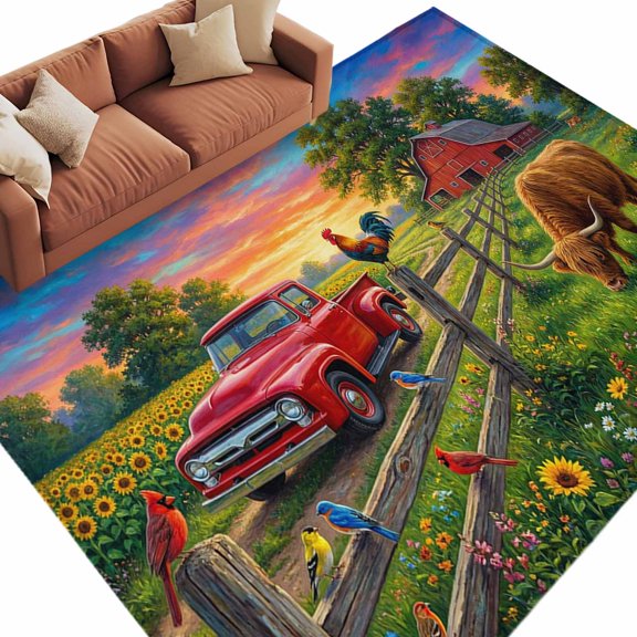 Sunflower Barn Area Rug 5x8 Washable Rug Non Slip Pastoral Cow Rooster Red Truck Large Area Rug Soft Stainresistant Indoor Floor Carpet for Living Room Bedroom Home Office Dining Room Nursery