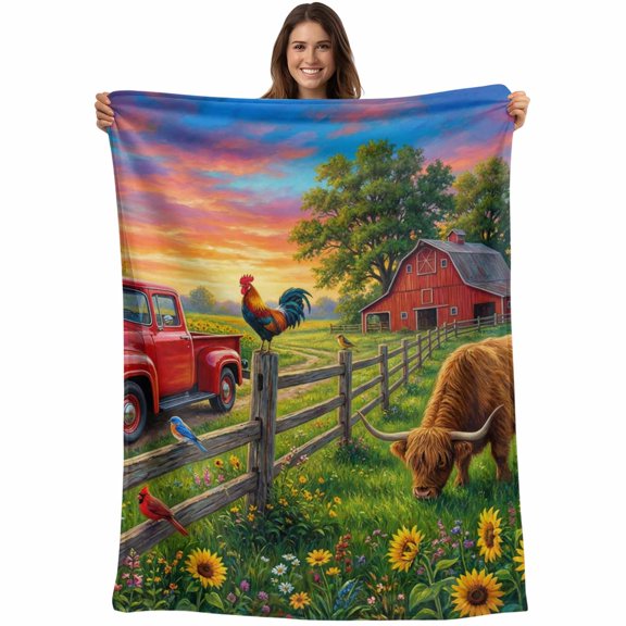 Sunflower Barn Blanket Soft Cozy Warm Throw Blanket for Couch, Plush Fuzzy Flannel Fleece Blankets for Sofa, Pastoral Cow Rooster Red Truck Bed Blankets Lightweight Gifts for Women, 50"x60"