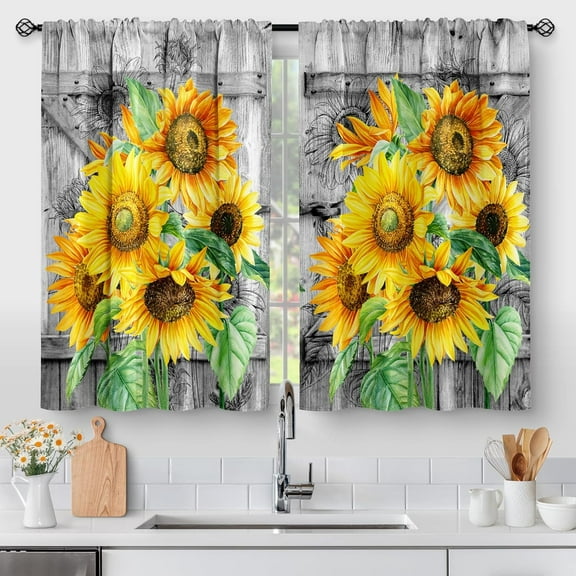 Sunflower Barn Door Kitchen Curtains - Floral Wood Rustic Retro Farm Wooden Farmhouse Short Cafe Tier Curtains Decor for Living Room Rod Pocket Window Drapes 24 Inch Length 2 Panels 28"x24"