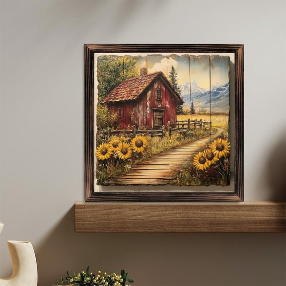 Sunflower Barn Landscape Wooden Sign Wall Plaque - Vintage Art Decoration, Wall Decoration - Ideal Gift For Home Decoration, Living Room, Bathroom, Bedroom, Garden, Dining, Bar, Cafe, Festival Part