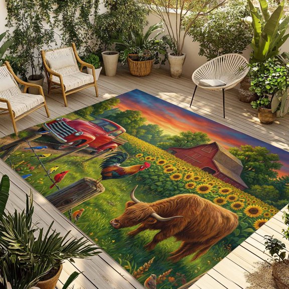 Sunflower Barn Outdoor Rug for Patio/Deck/Porch, Non-Slip Large Area Rug 6 x 9 Ft, Farmhouse Cow Rooster Pastoral Sunset Indoor Outdoor Rugs Washable Area Rugs, Reversible Camping Rug Carpet Runner