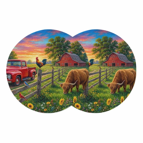 Sunflower Barn Round 13 Inch Placemats Set of 2, Pastoral Cow Rooster Red Truck HeatResistant Non Slip Place Mats for Dining Table, Wipeable Braided Kitchen Table Mats for Housewarming