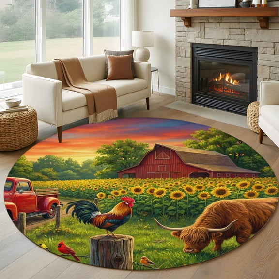 Sunflower Barn Round Area Rug 6Ft Washable Circle Rugs for Bathroom Office, Farmhouse Cow Rooster Pastoral Sunset Non-Slip Carpet Floor Mats Indoor Outdoor Carpet Runner Aesthetic Home Decor