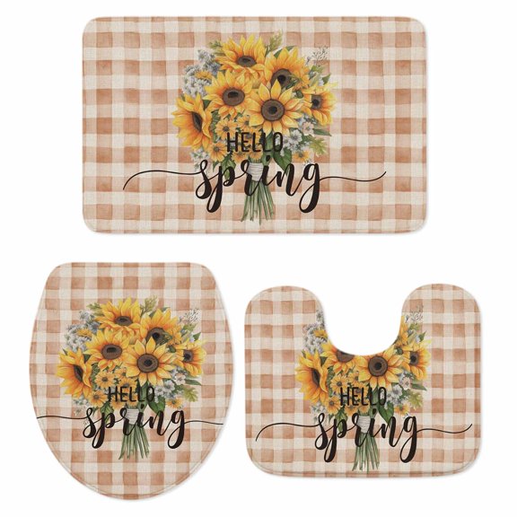 Sunflower Bath Mat 3 Piece Bathroom Rug Set, Brown Plaid Spring Floral Summer Botanical Non Slip Bath Rug Contour Mat and Toilet Lid Cover, Absorbent Shower Mats Soft Bath Rugs and Mats Sets