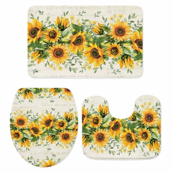 Sunflower Bath Mat 3 Piece Bathroom Rug Set, Country Botanical Yellow Green Floral Leaf Non Slip Bath Rug Contour Mat and Toilet Lid Cover, Absorbent Shower Mats Soft Bath Rugs and Mats Sets