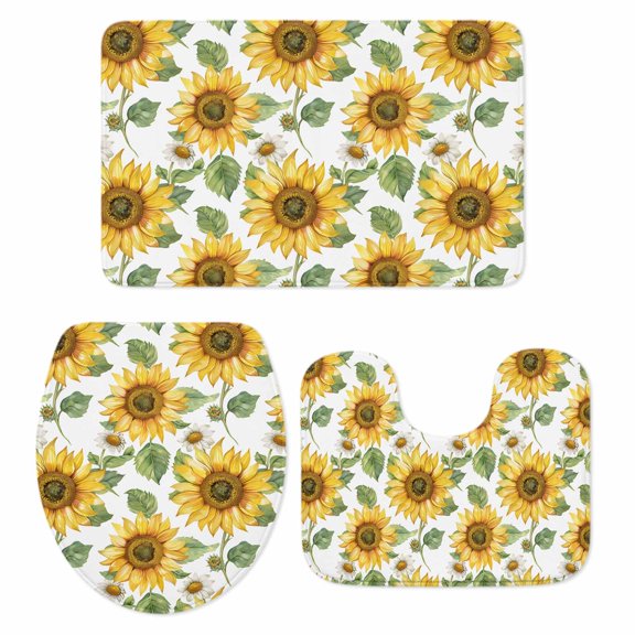 Sunflower Bath Mat 3 Piece Bathroom Rug Set, Farmhouse Watercolor Botanical Summer Non Slip Bath Rug Contour Mat and Toilet Lid Cover, Absorbent Shower Mats Soft Bath Rugs and Mats Sets