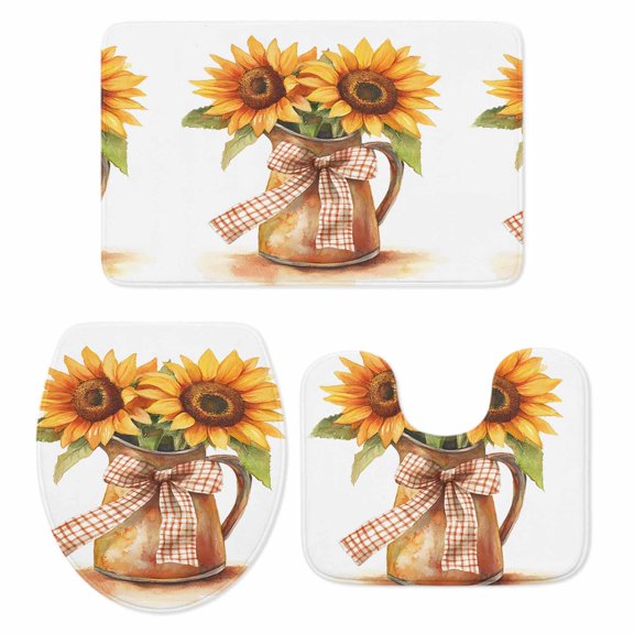 Sunflower Bath Mat 3 Piece Bathroom Rug Set, Orange Yellow Floral Painting Watercolor Non Slip Bath Rug Contour Mat and Toilet Lid Cover, Absorbent Shower Mats Soft Bath Rugs and Mats Sets