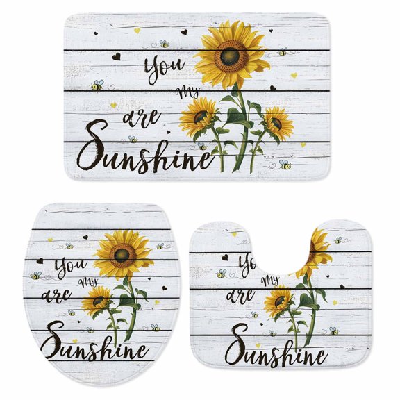 Sunflower Bath Mat 3 Piece Bathroom Rug Set, Pastoral Farmhouse Botanical Floral Wooden Non Slip Bath Rug Contour Mat and Toilet Lid Cover, Absorbent Shower Mats Soft Bath Rugs and Mats Sets